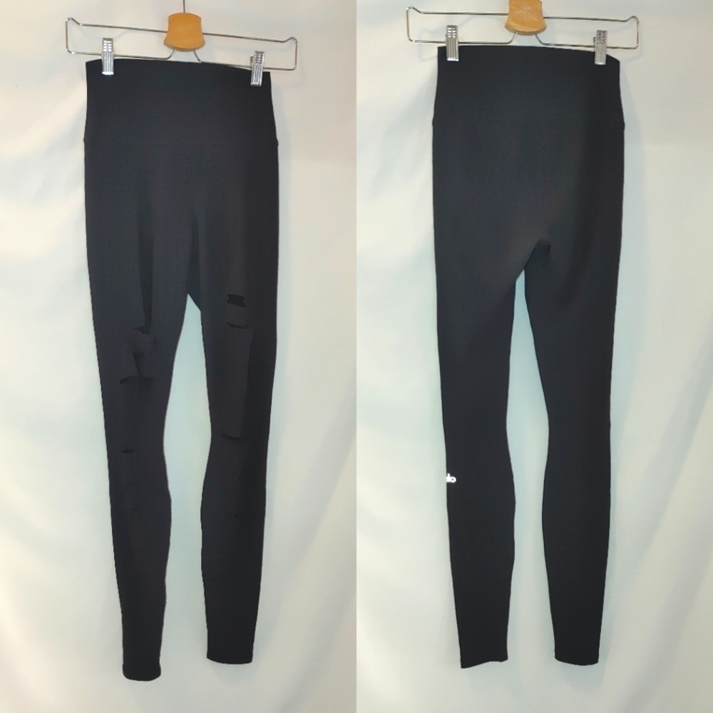 ALO Yoga Ripped Warrior Leggings‎ Black XS High Rise Waist Seamless Ankle Length